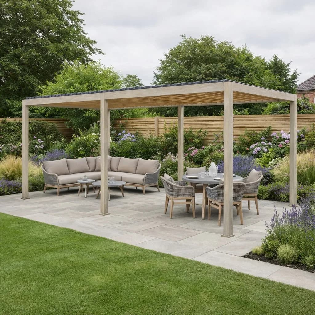 Wood-look aluminium pergola over garden lounge and dining furniture