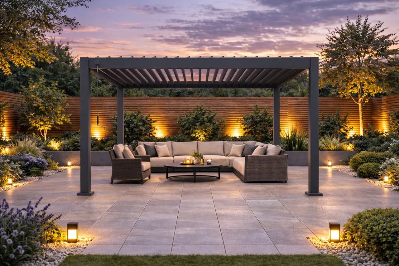 Grey louvred aluminium pergola in an illuminated garden at sunset